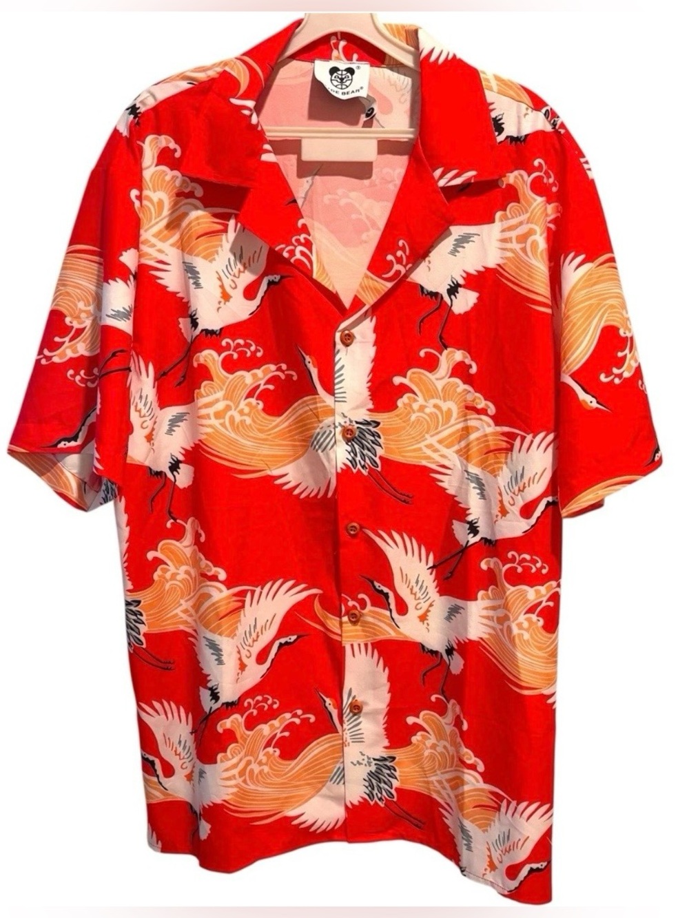 Tide Bear Hawaiian Resort Shirt Button Down L Cranes Japanese Streetwear Orange
